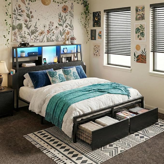 Full Size Bed Frame with Storage Full Bed Frame with LED Light and Charging StationBed Frame Full with Headboard for ApartmentGuest RoomBlack