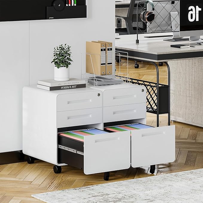 STANI 3 Drawer Filing Cabinet Metal Filing Cabinet Legal/Letter Size with Lock Mobile Storage Cabinet for Home and Office Fully Assembled Except Wheels White