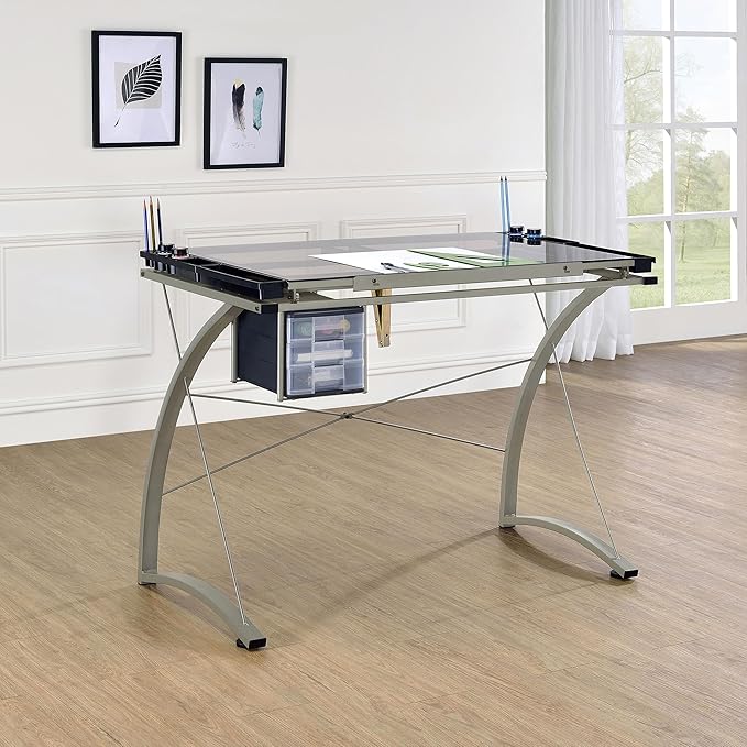 Coaster Home Furnishings - Melo - Metal and Glass - 41-Inch Drafting Table with Adjustable Pitch Three Drawers Retractable Pencil Ledge and Storage Compartments - Home Office - Silver - 800986