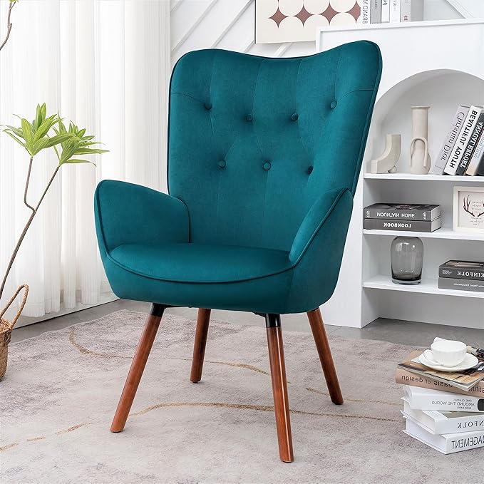 Chic Accent Arm Chairs for Living Room Bedroom or Home Office Button-Tufted Midcentury Armchair with Wingback Design and Splayed Legs Greynish Blue