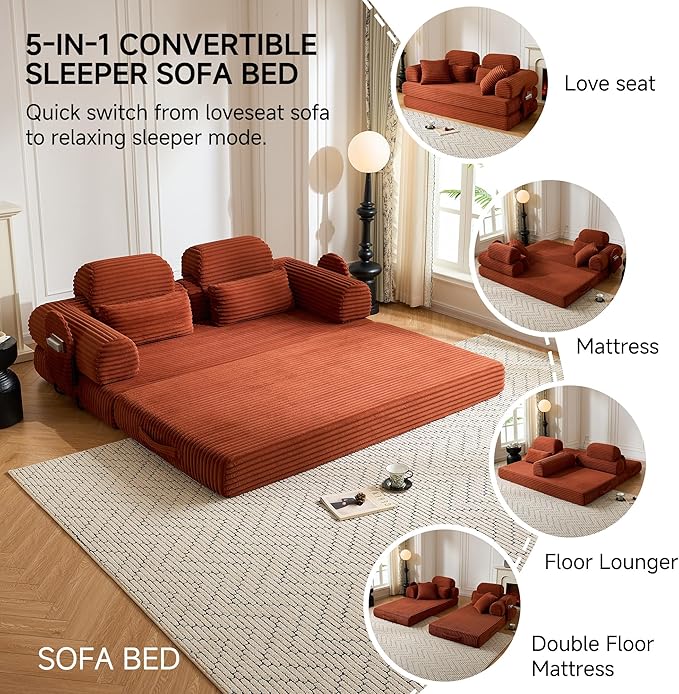 79 Sofa Bed Deep Seat 32 Sleeper Sofa 5-in-1 Convertible Sofa Bed Boneless Couch in a Box Corduroy Floor Futon with Thickened backrest and Headrest Pillows Side Pockets Orange | 32 Deep Seat