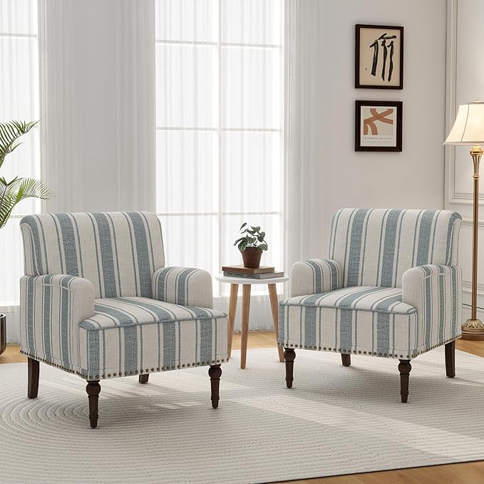 Accent Chair Mid Century Modern Comfy Armchair for Living Room Linen Fabric Single Sofa Lounge for Reading Bedroom Apartment Waiting Room with Wood Legs (Blue Stripe Set of 2)