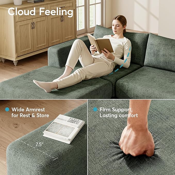 Cloud Boneless Modular Sectional Sofa 95.5 Modern Chenille Couch for Living Room Convertible L-Shaped Sleeper Sofa Bed with Ottoman Deep Seat Cloud Couch Sectional No Assembly Required Green