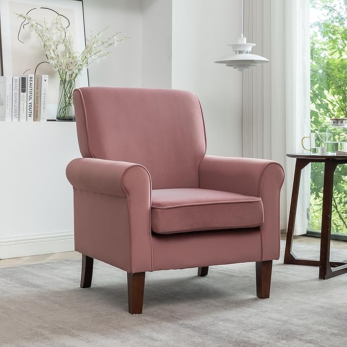 Classic Accent Armchair with Birch Wood Frame and Comfortable Rolled Armrests Arm Chairs for Living Room Bedroom and Office Decor Rose