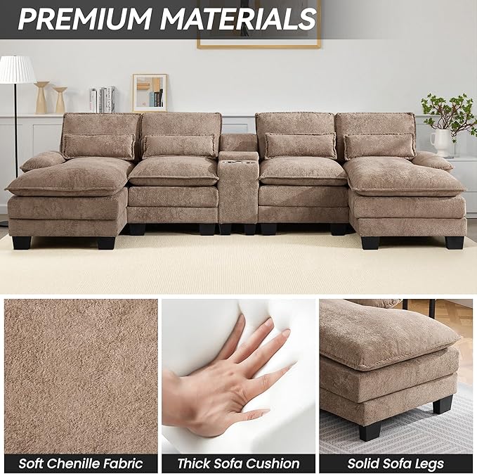 125 U Shaped Modular Sectional Cloud Sofa Small Sherpa Upholstered Double Chaise Living Room Couch Storage Central Console Cup Holders USB Port Camel