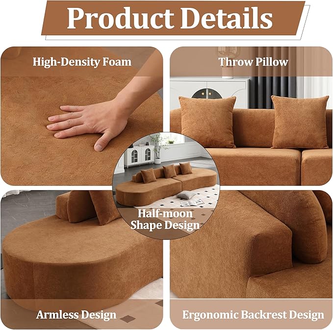 130'' Curved Modular Sectional Long Sofa Modern Cloud Boneless Deep Seat Couch Plush Terry Cloth Compressed Upholstered Lounge Sofa for Living Room No Assembly Required Orange 3 Pillows