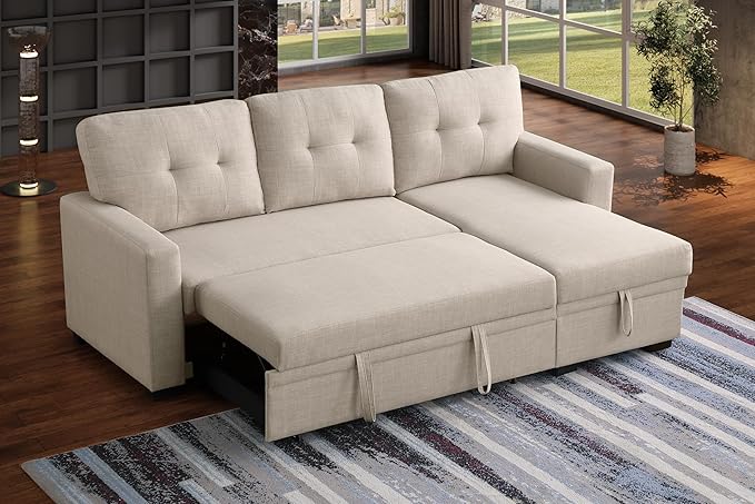 ERYE 82-inch Pull Out Sleeper Couch Bed L-Shaped Reversible Sleeper Sectional Sofa Linen Blend Tufted Upholstered Corner Convertible Sofa Bed with Storage Chaise