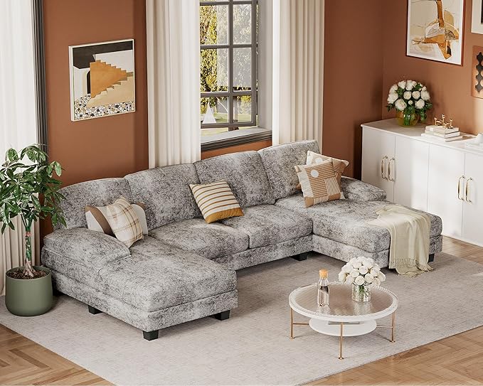 JUMMICO Sectional Couches for Living Room U Shaped Couch with Chenille Fabric 4 Seat Modern Sofa with Removable Pillows for Apartment and Small Space (Fabric Grey)