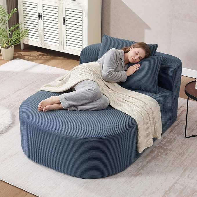 Boneless CouchComfy Fluffy Sofa BedUpholstered Sleeper Sofa with Throw Pillows and ArmrestsCorduroy Plush Cloud Lounge Chair (Blue 67 Chaise Lounge Chair)