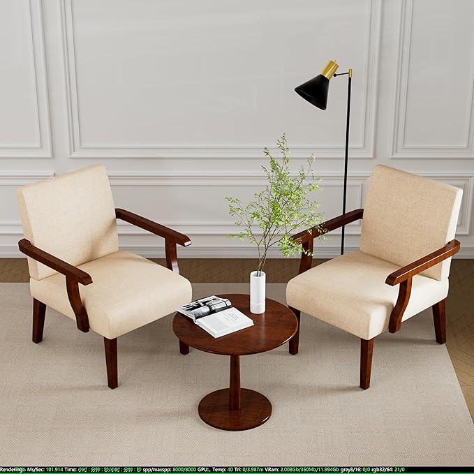 Accent Chairs Set of 2 with Side Table Modern Accent Armchair with Fabric Upholstered and Solid Wood Armrest Reading Leisure Arm Chair for Living Room Bedroom Waiting Room (Beige)