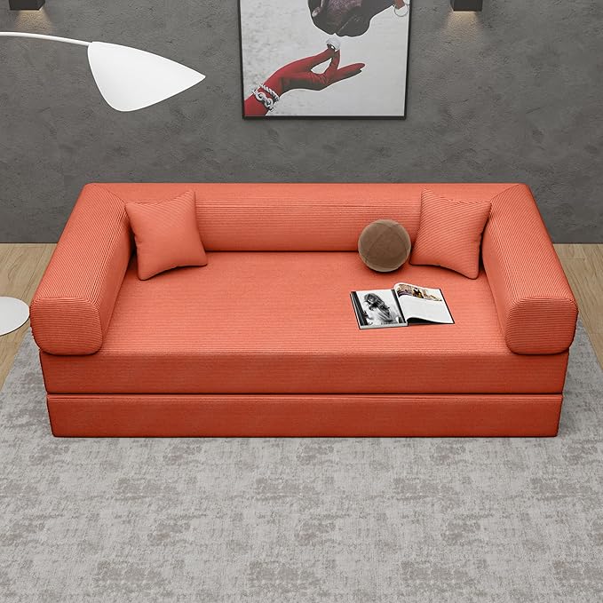 Convertible Sleeper Sofa Bed with Upgraded All High-density 35D Foam No Assembly Foldable Sleeper Couch Folding Floor Boneless Mattress Lounge Couch for Living Room Bedroom Apartment Office Orange