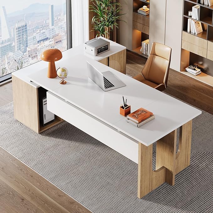 Tribesigns 74.8 Inch Executive Desk Large Office Desk with Cabinet L Shaped Computer Desk with Shelves and CPU Storage Modern Home Office Desks Business Furniture Workstation Set White and Wood