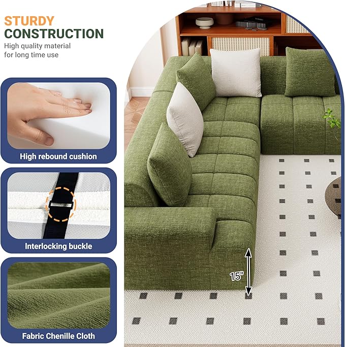 109'' L Shaped Modular Sectional Sofa Chenille Couch for Living Room Bedroom with 6 Cushions Convertible Olive Green