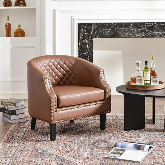 KINWELL Upgraded 29-inch Barrel Club Chairs Sloped Arm Design for Small Spaces Double Row Nailhead Trim Faux Leather Accent Chairs with Solid Wood Legs for Living Room (Mottled Mesh Brown)