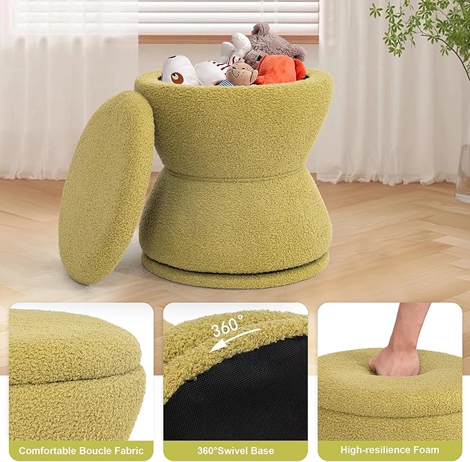 Round Ottoman with Storage 360°Swivel Vanity Stool Chiar with Wooden Frame Small Makeup Chair Comfy Foot Stool with Thick Padded for Living Room Bedroom Entryway