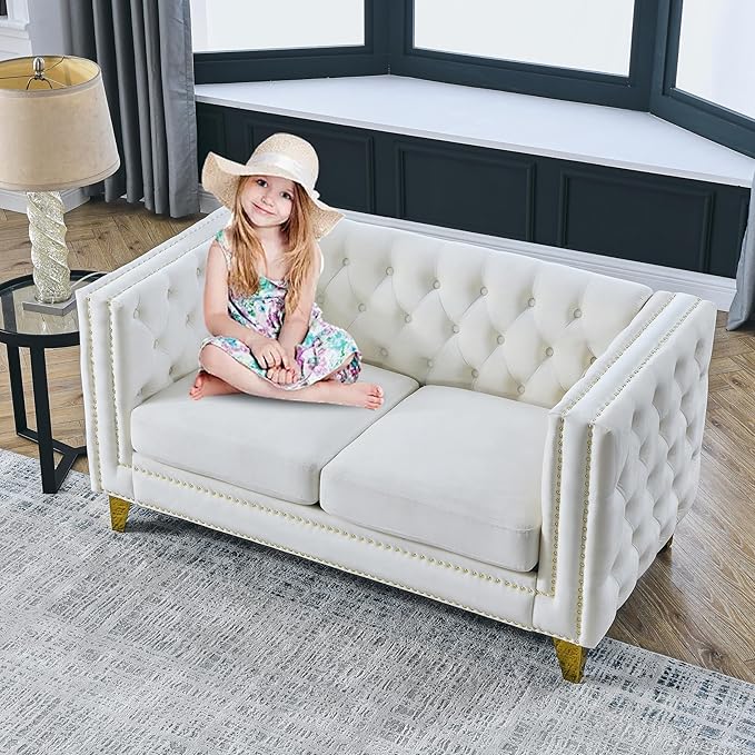 58 Chesterfield Velvet 2-Seater Sofa for Living RoomLoveseat Tufted Couch with Rolled Arms Nailhead and Two Pillows for Living RoomBeige