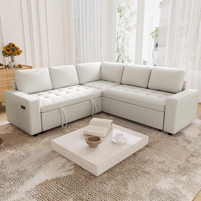 Vipbear 85 Inch Modular Sectional Sofa with Pull Out Bed Chenille L Shaped Sectional Sofa with USB Ports/Reclining Backrest/Storage Seats Tool-Free Assembly Sofa Couch for Living Room Begie