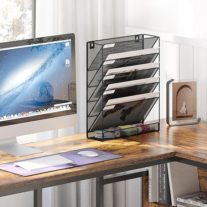 EasyPAG 5 Tier Wall File Holder Mesh Hanging Folder Organizer with Classify Label Versatile Desk File Holder Vertical Wall Mounted Mail Organizer for Office Home Cubicle Black