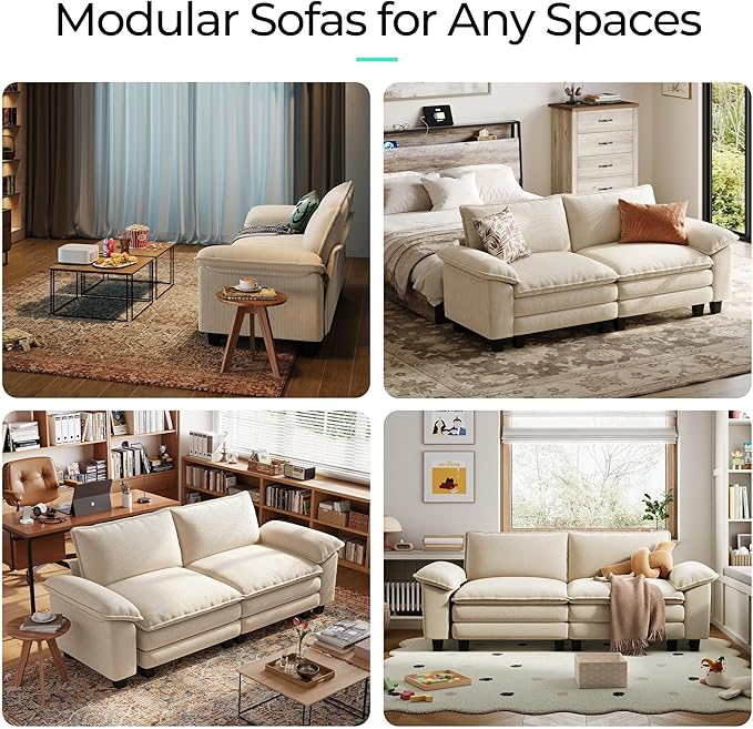 LINSY HOME 90'' Cloud Loveseat Sofa Modular Sectional Couches Corduroy Cloud Couch Soft Modern Comfy Love Seat Sofa Set for Living Room Apartment Office Beige