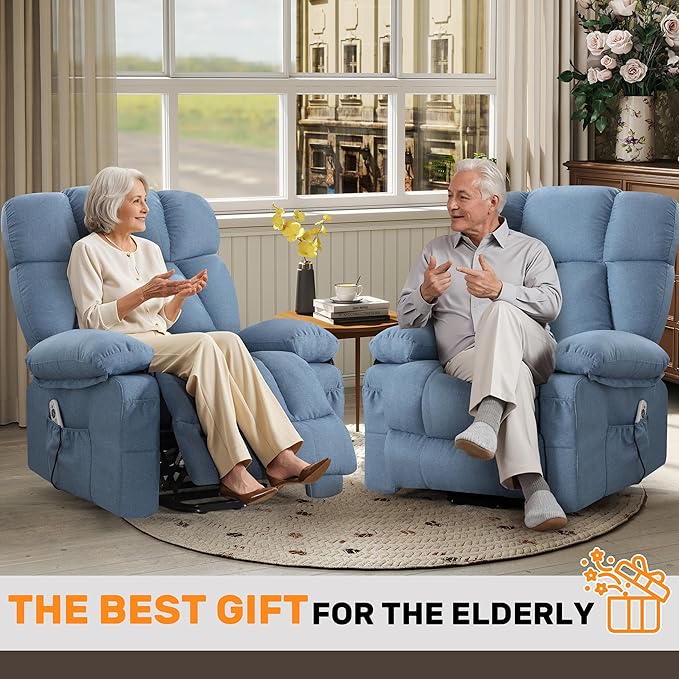 Power Lift Recliner Chair for Elderly Big and Tall Lift Chair with Massage and Heat for Living Room Fabric Electric Recliner Chairs with 4 Side Pockets USB Charge PortBlue