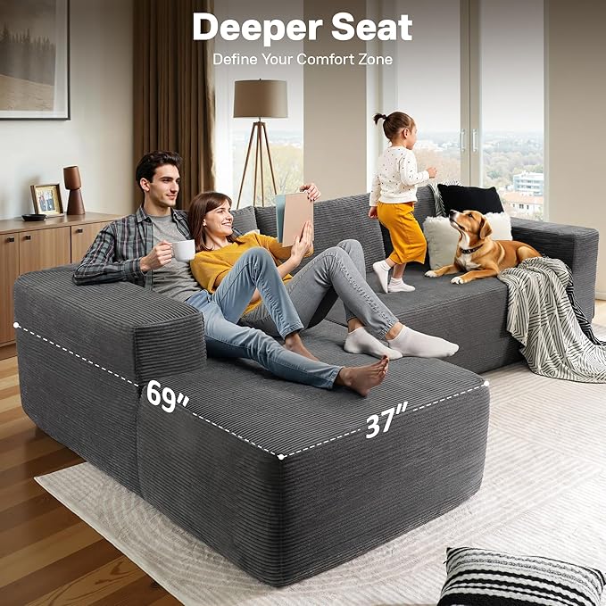 104 Cloud Sectional Couches for Living RoomL Shaped Boneless Couch in A BoxSleeper Sofa with Comfy Chaise No Assembly RequiredGrey