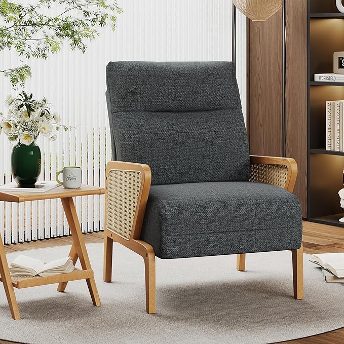 Alunaune Upholstered Living Room Chairs Accent Chair Armchair Natural Rattan Modern Slipper Club Chair Guest Reception Couch Comfy Single Sofa for Reading Bedroom-Dark Grey