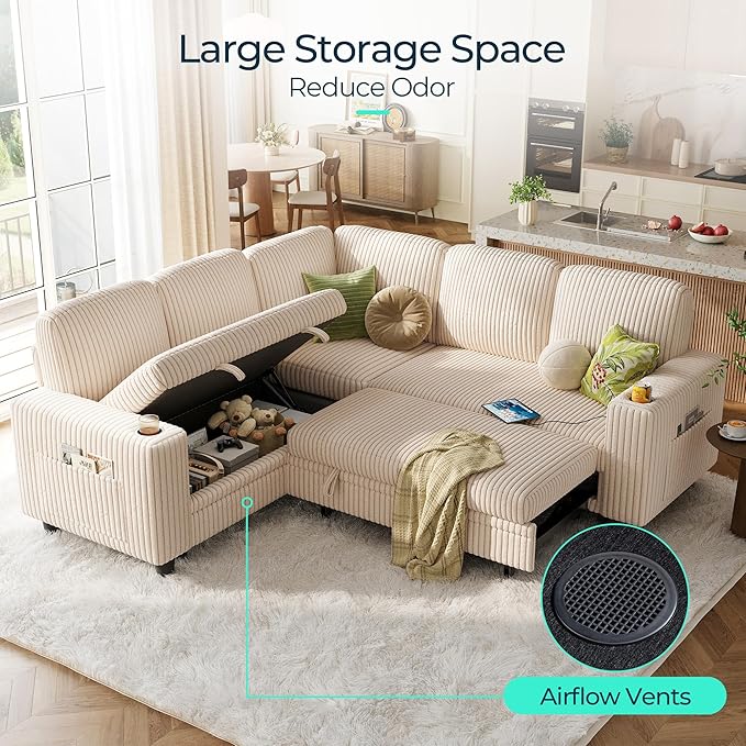 LINSY HOME Sectional Sleeper Sofa with Pull Out Couch Bed for Living Room (Beige) | Plush Corduroy Storage Ottoman Storage Chaise Pull Out Couch USB Charging