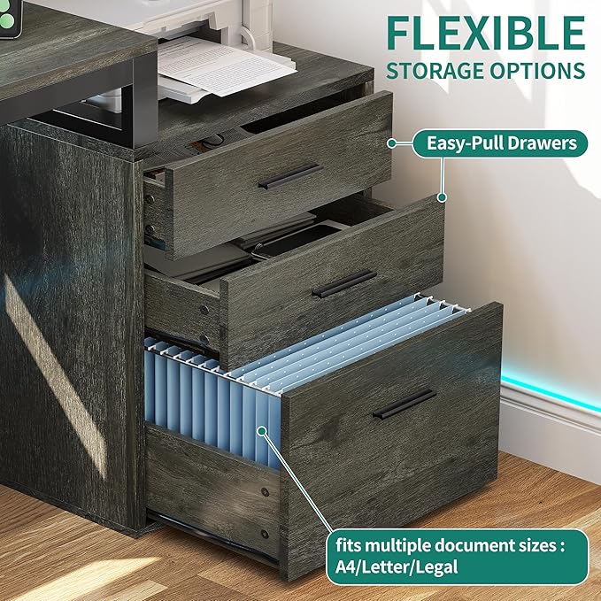 YITAHOME L Shaped Desk with 3 Drawers 65 Corner Computer Desk with Power Outlets &amp LED Lights L-Shaped Desk with File Cabinet &amp Printer Stand for Home Office Grey