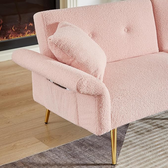 Pink Futon Sofa Bed Loveseat with Adjustable Backrest and Armrests Teddy Couch with Pillows and Side Pocket for Small Spaces Living Room Apartment Or Office (Pink)