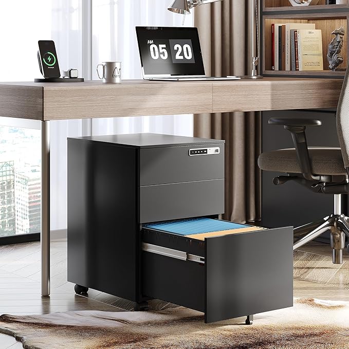 DEVAISE 3 Drawer File Cabinet with Combination Lock Fully Assembled Metal Filling Cabinet Except Wheels Mobile Under Desk File Cabinets for Home Office Black