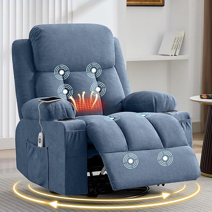 Swivel Rocker Recliner Chair with Vibration Massage and Heat for Living Roomwith Rocking Function and Side Pocket USB Charge Port2 Cup Holders