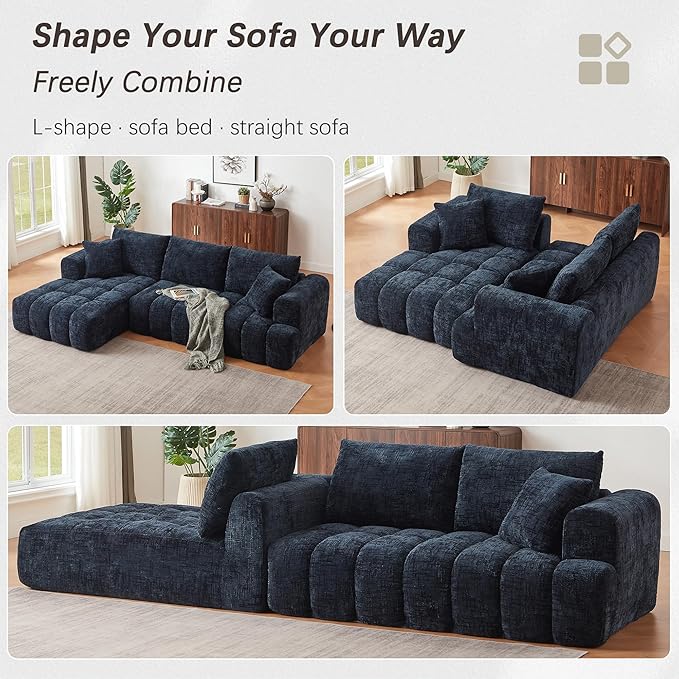 108 L-Shaped Sectional Sofa Compressed Boneless Cloud Couch with Left Chaise &amp Pillows Chenille Upholstered 4-Seater Modular Sofa for Living Room No Assembly Navy Blue
