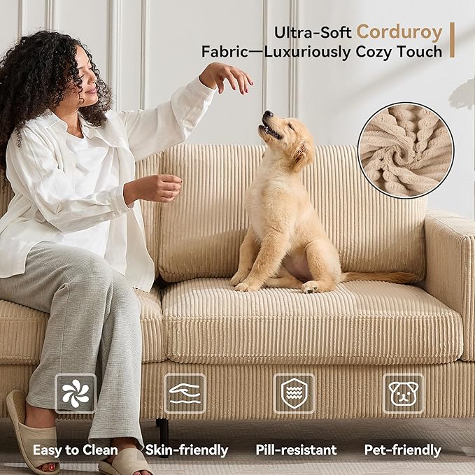 Tbfit 85 Corduroy Couch for Living Room 3 Seater Mid Century Modern Sofa with Spring Cusions for Bedroom Small Comfy Upholstered Couches Easy Assembly with Solid Wood Legs Beige