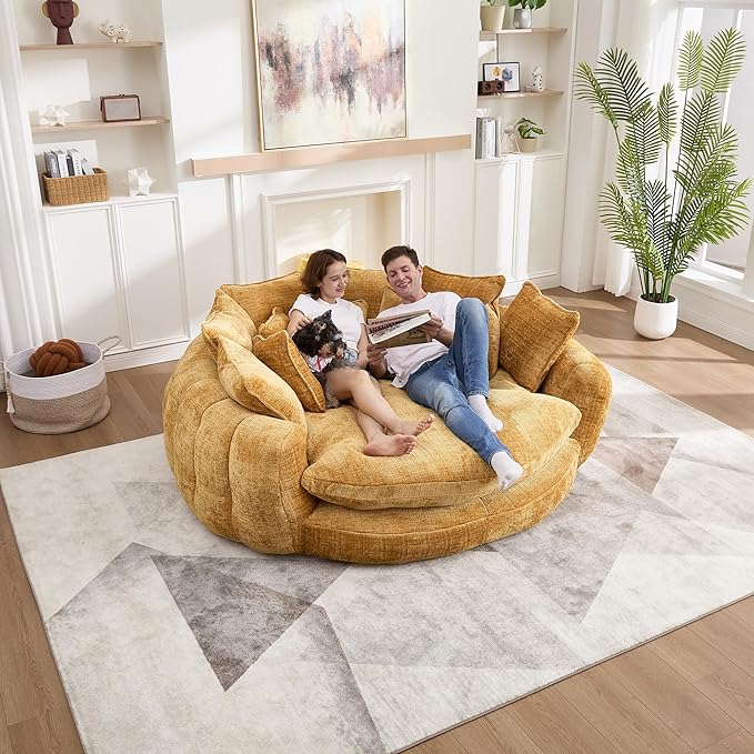 81 Round Sofa Bed Big Bean Bag Round Chaise Lounge Oversized Round Couch Boneless Reading Chair Plush Fluffy Chenille Large Chaise Chair for Living Room Bedroom Apartment Yellow