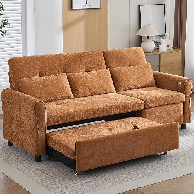 ERYE L-Shaped Reversible Recliner Sectional Sofa Chenille Upholstered Pull Out Convertible Sofabed with Pull Out Sleeper Couch Bed and Recliner Chaise Lounge and USB-C Ports