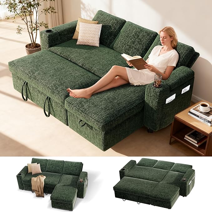 Sunny Heart L-Shaped Sleeper Sofa with Pull Out Bed 82 Sectional Couch with Reclining Backrest Reversible Storage Chaise Armrest Storage Cup Holders Side Pockets Tool-Free Assembly Green