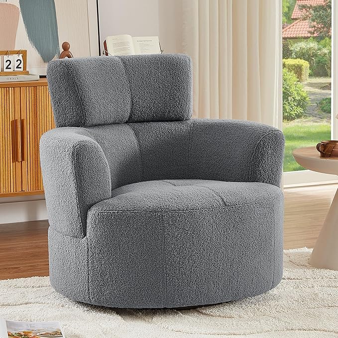 Swivel Accent ChairBedroom Barrel Chairs with Seat CushionModern 360° Soft Berber Fleece Fabric Circle Chair with Adjustable Headrest for Living Room (Grey)