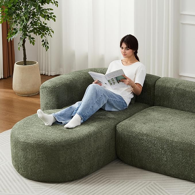 Oversized Sectional Sofa with Chaise with 2 Throw Pillows 109 Modern Luxury Chenille Sofa Extra Wide Seat L-Shape Curved Cloud Couch for Living Room (Left Chaise Green)