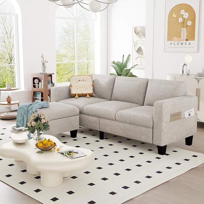 ZeeFu Convertible Sectional Sofa Couch 3 Seat L-Shaped Sofa with Movable Ottoman Modern Mocha Brown Velvet Linen Upholstered Small Sectional Sofa Couch for Small Space Apartment Living Room Office