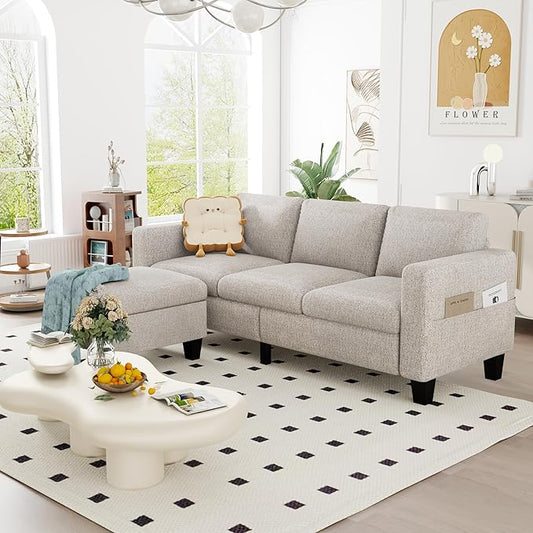 ZeeFu Convertible Sectional Sofa Couch 3 Seat L-Shaped Sofa with Movable Ottoman Modern Mocha Brown Velvet Linen Upholstered Small Sectional Sofa Couch for Small Space Apartment Living Room Office