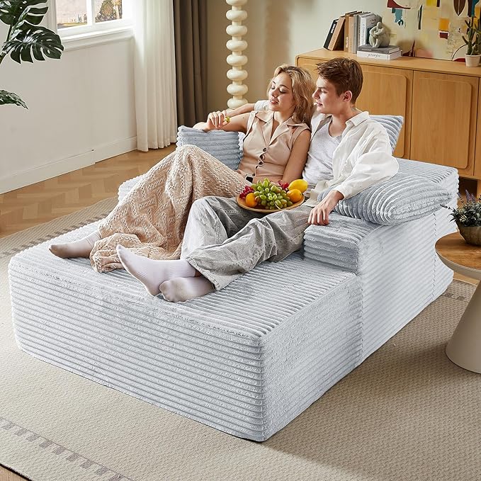 50Oversized Chaise Lounge Chair IndoorCorduroy Boneless Reading Chair with 3 PillowsDeep Seat Cloud Sofa BedComfy Modern Sleeper Chairs in Box for Living Room BedroomNo Assembly(Light Grey)