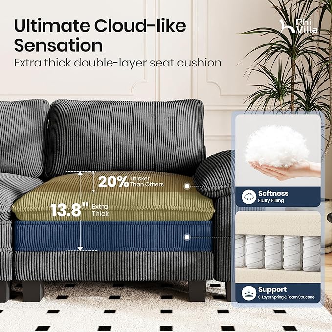 PHI VILLA Cloud Modular Couch Sets 157.5 Sectional Sofa with L-Shaped Chaise 5-Seater Upholstered Couches with Movable Ottoman for Living Room Corduroy Fabric Grey