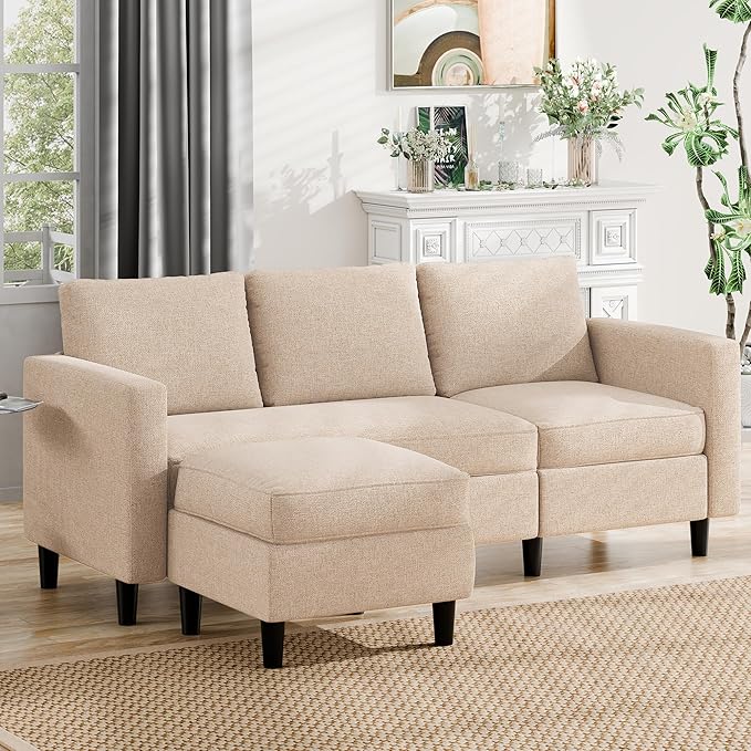 JAMFLY Sectional Couch Sofa Convertible L Shaped Sofas Couch with Ottoman Small Sectional Sofa for Living Room 3 Seater for Small Spaces Khaki