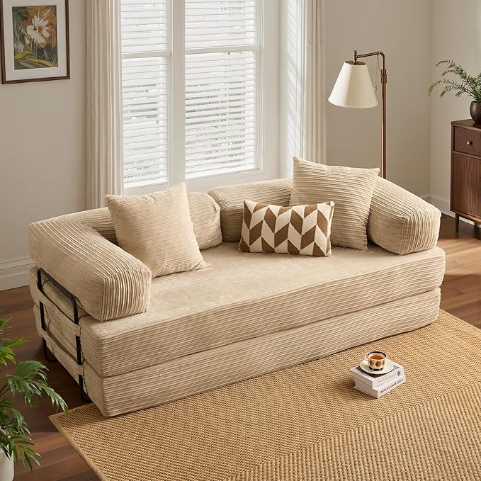 ovios 81 Folding Sofa Bed Foldable Sleeper Boneless Couch with Pull Out Beds Modular Convertible Floor Futon Loveseat Lounger for Living Room (Corduroy Beige)