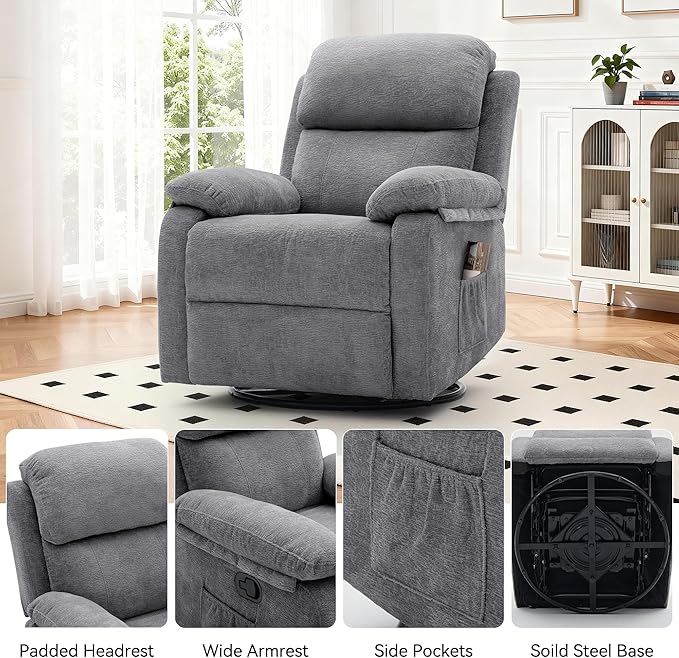 Recliner Chair 360 Swivel Rocker Chair for Adults Small Rocking Recliner Chair for Small Spaces Upholstered Chenille Fabric Glider Recliner Nursery Chair with Side Pockets for Living Room