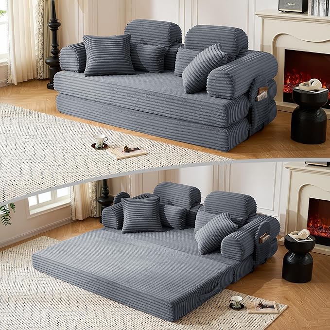 79 Sofa Bed Deep Seat 32 Sleeper Sofa 5-in-1 Convertible Sofa Bed Boneless Couch in a Box Corduroy Floor Futon with Thickened backrest and Headrest Pillows Side Pockets Dark Grey | 32 Deep Se