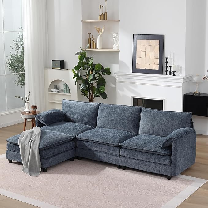108 Cloud Sectional Couches for Living Room Convertible L Shaped Modular Sectional Sofa with Movable Ottoman 3-Seat Chenille Cloud Couch with Deep Seat for Bedroom Office Apartment Blue