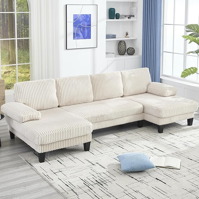 KEIKI 114 U-Shaped Oversized Modular Velvet Sectional Sofa with 2 Chaise Lounge Modern Style Upholstered 4-Seater Couch with Soft Seat Cushions Easy Assembly for Apartment Living Room Beige