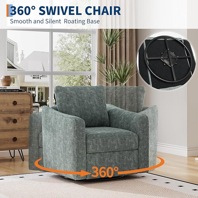 Modern Swivel Accent Chair with 360° Rotation - Plush Linen Upholstered Armchair for Living Room Bedroom Nursery &amp Home OfficeComfortable Ergonomic Reclining Sofa Chair（Green）