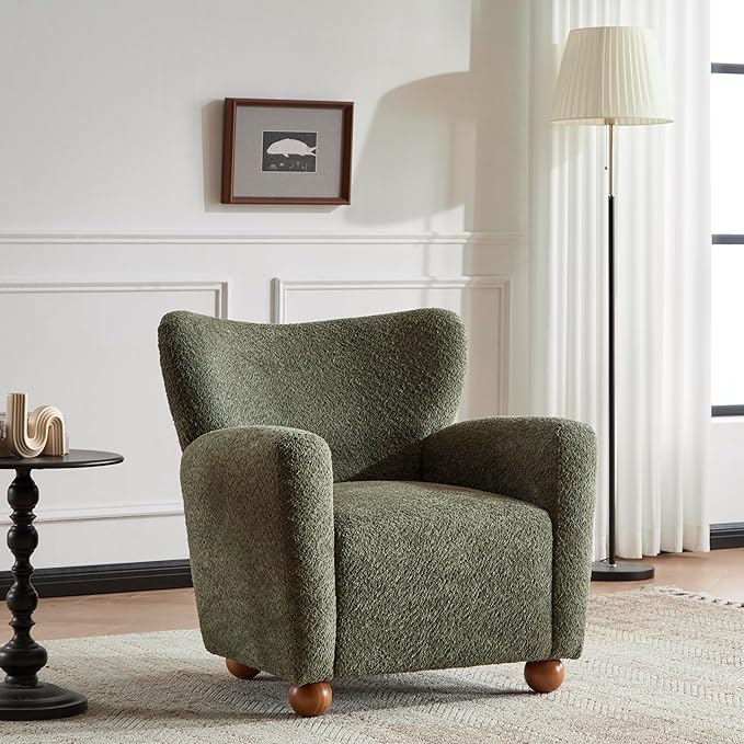 Christopher Knight Home Lindy Wingback Accent Chair Upholstered Armchair with Rounded Wooden Legs Curved Backrest Single Sofa Soft Cushion Seating Comfy Lounge Chair for Living Room Olive Green